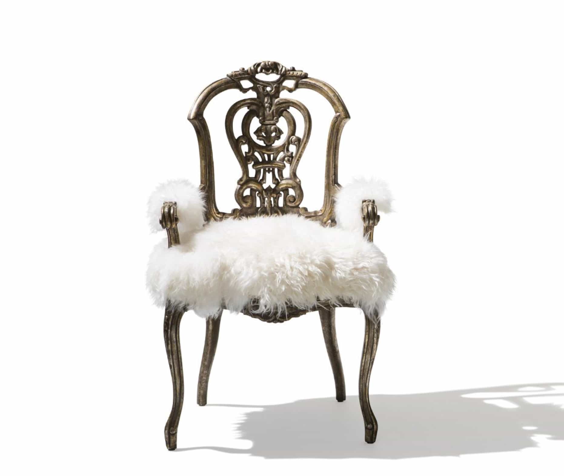 Versailles Luxe Carved Chair – Antique Gold Finish with Faux Fur Upholstery angle thumbnail 1