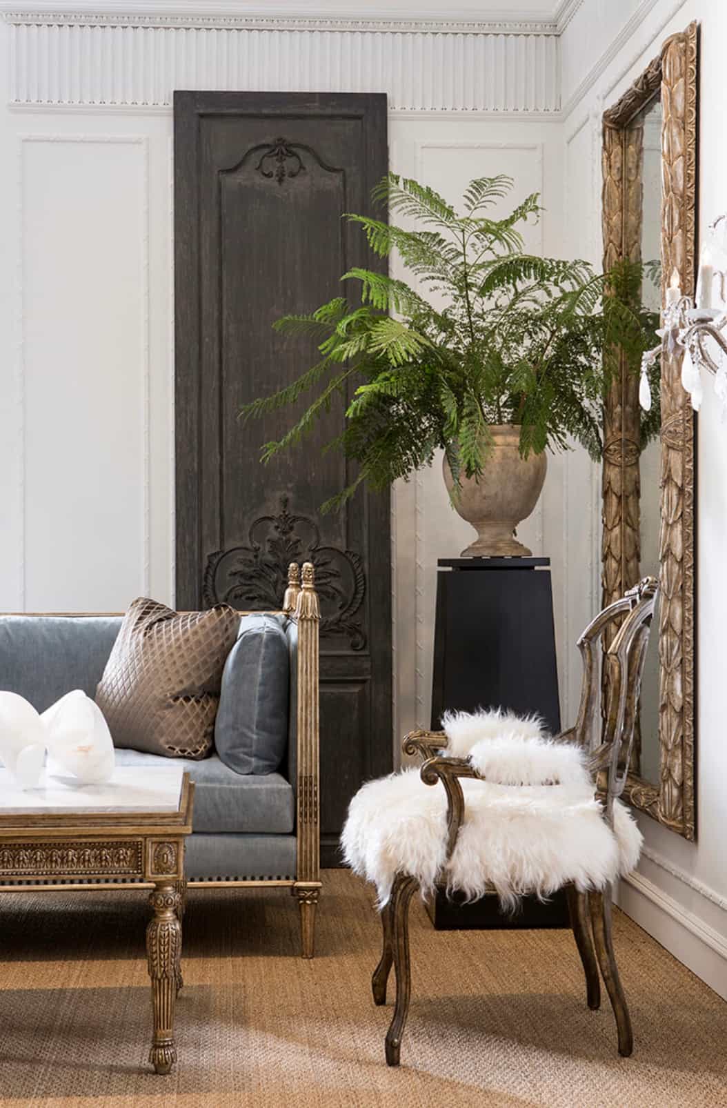 Versailles Luxe Carved Chair – Antique Gold Finish with Faux Fur Upholstery angle thumbnail 6
