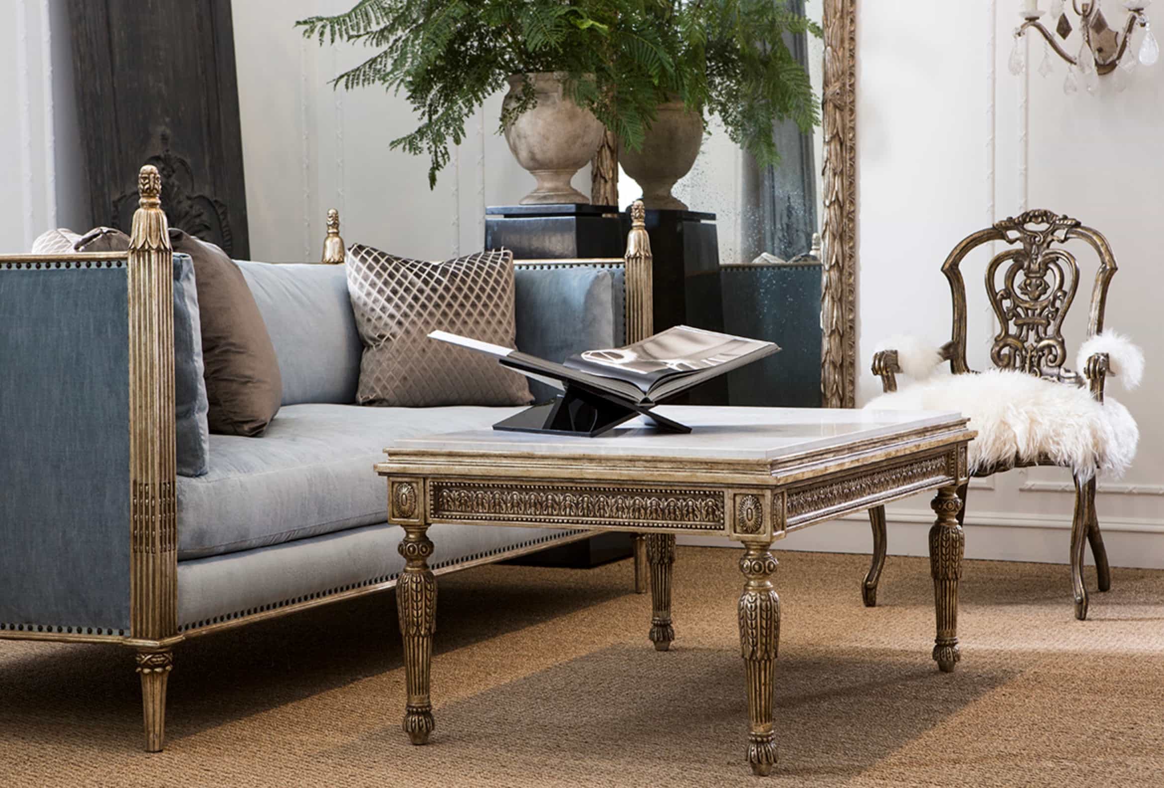 Versailles Luxe Carved Chair – Antique Gold Finish with Faux Fur Upholstery angle thumbnail 7
