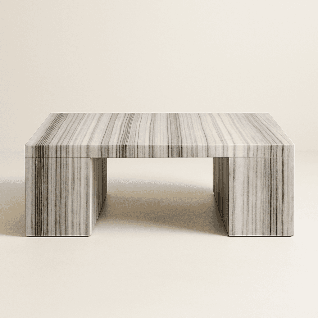 Grey 47" square table  , Modern Sculptural Oak Pedestal Dining Table – Fluted Wood Base, Round Contemporary Design angle thumbnail 1