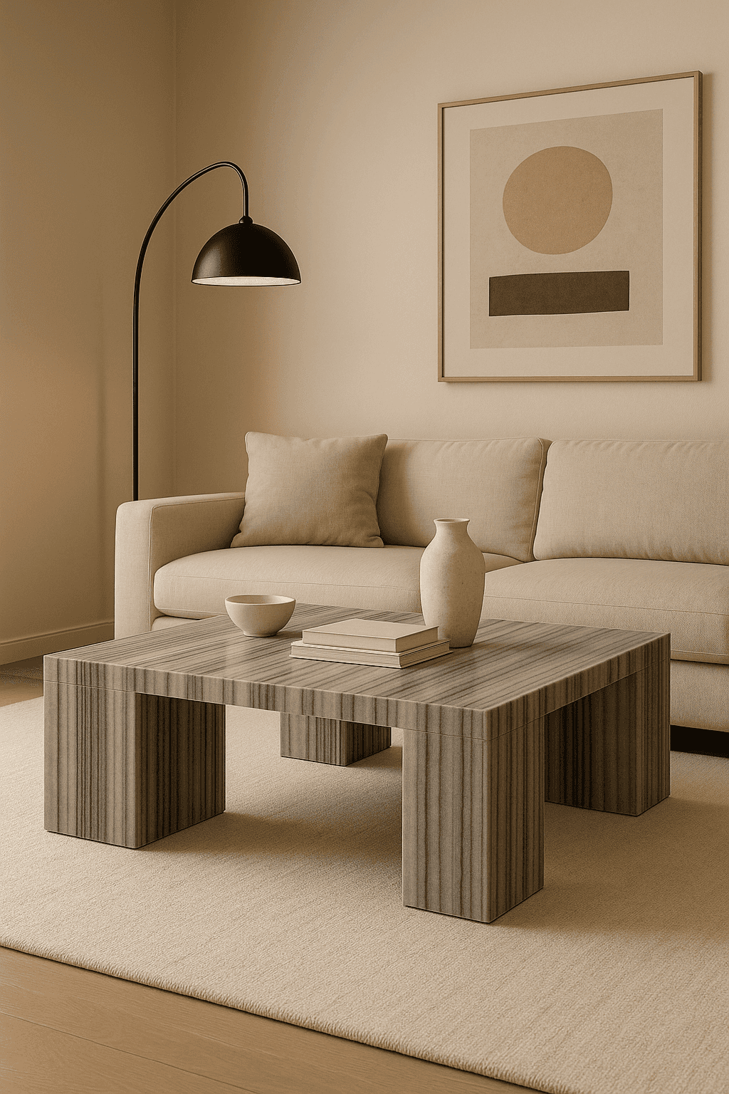 Grey 47" square table  , Modern Sculptural Oak Pedestal Dining Table – Fluted Wood Base, Round Contemporary Design angle thumbnail 4