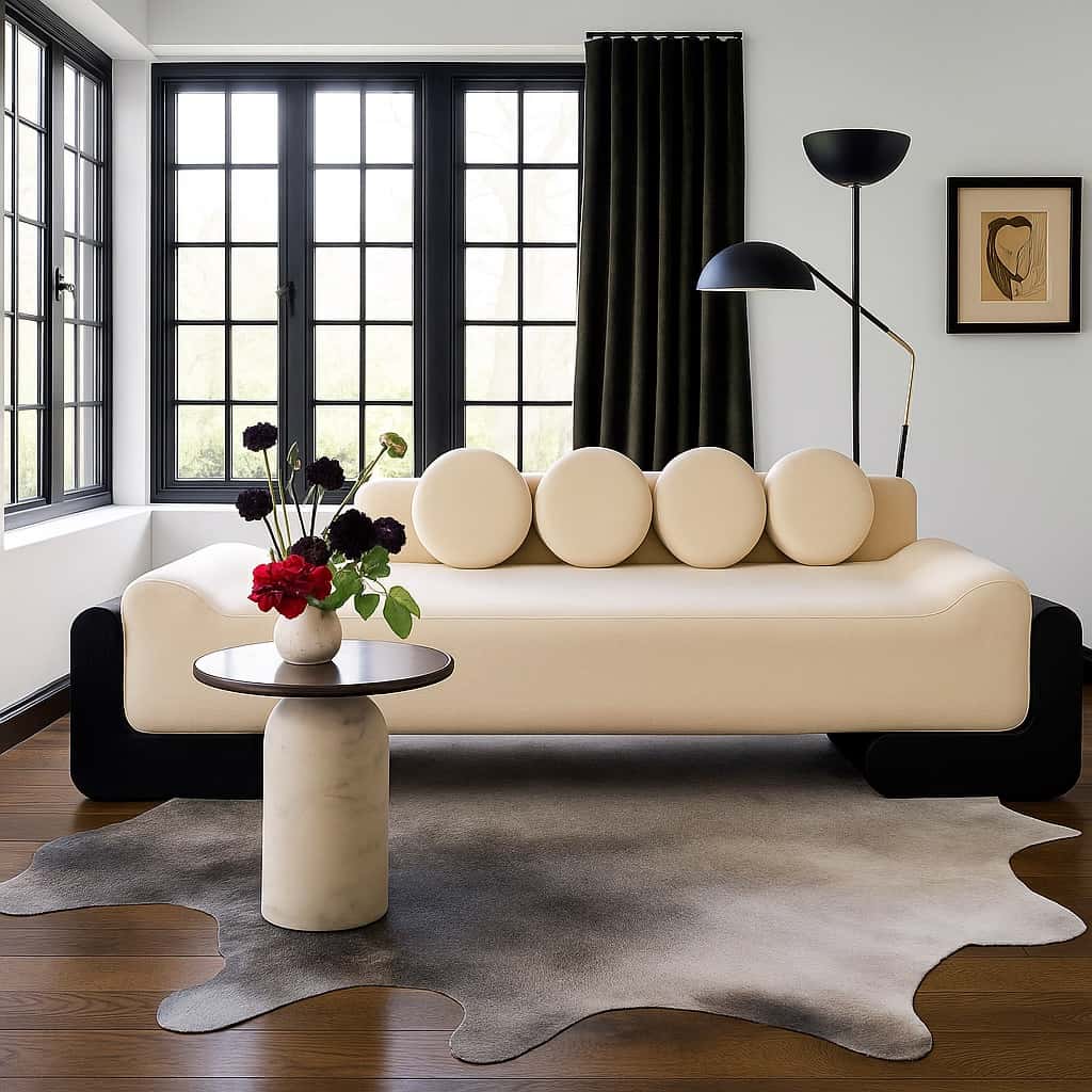 Modern Beige Sofa with Circular Back Cushions and Black Curved Arms – Contemporary Designer Piece — view 1