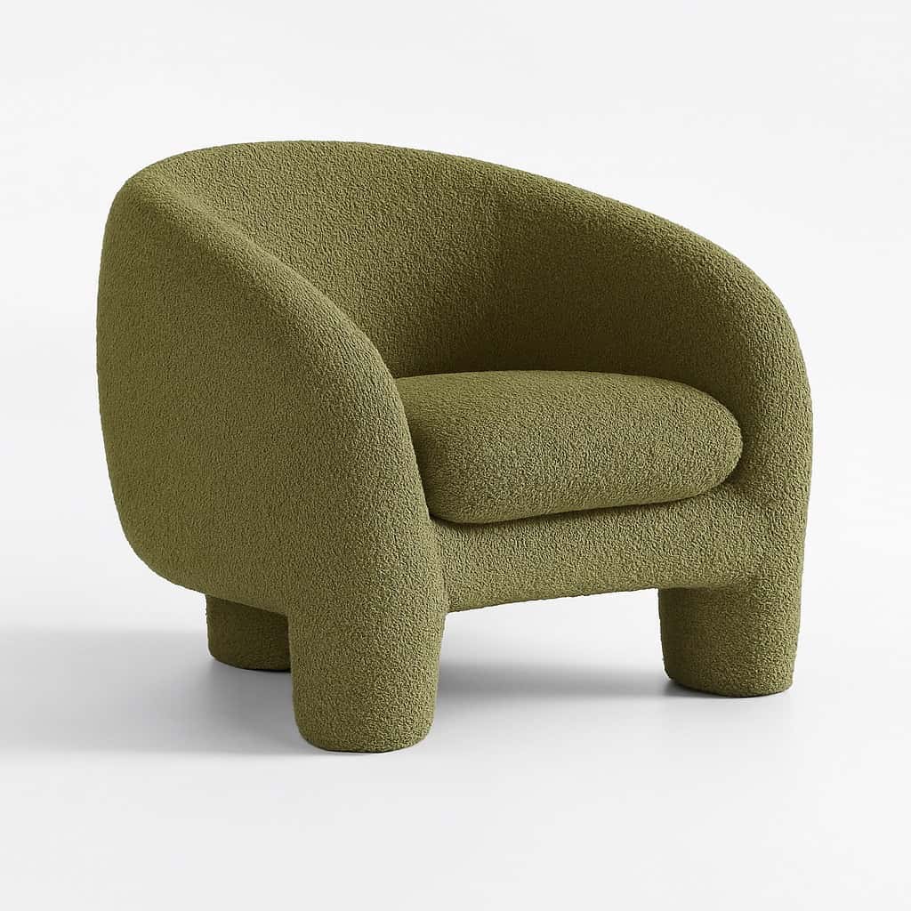 Modern Olive Green Bouclé Accent Chair – Sculptural Lounge Seating angle thumbnail 1