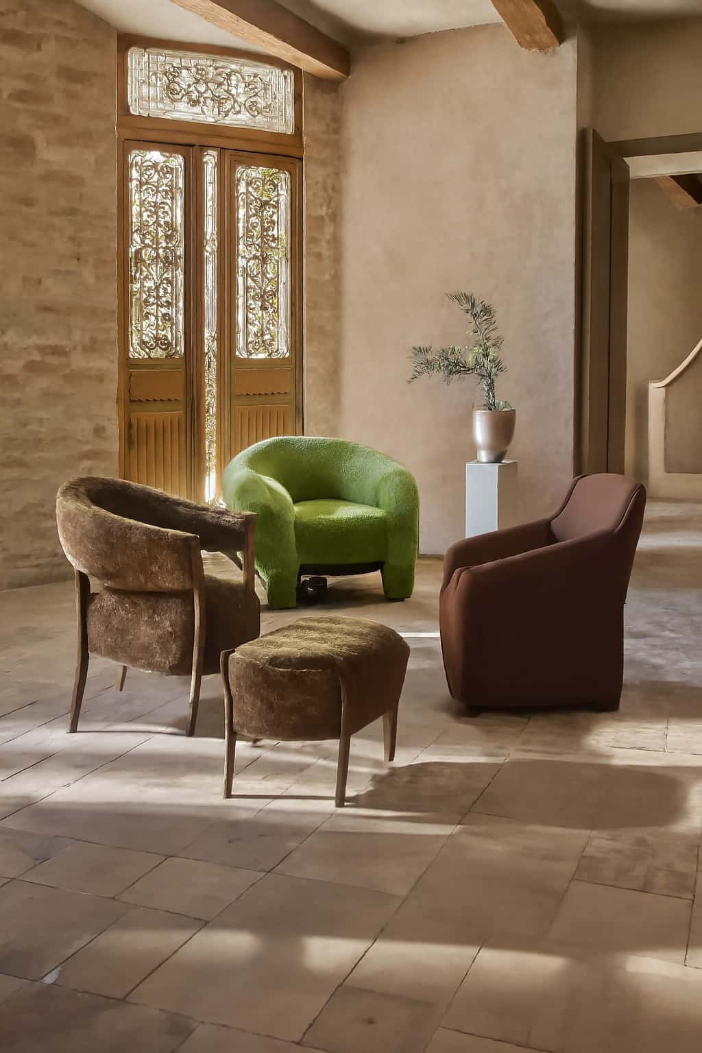 Modern Olive Green Bouclé Accent Chair – Sculptural Lounge Seating angle thumbnail 5