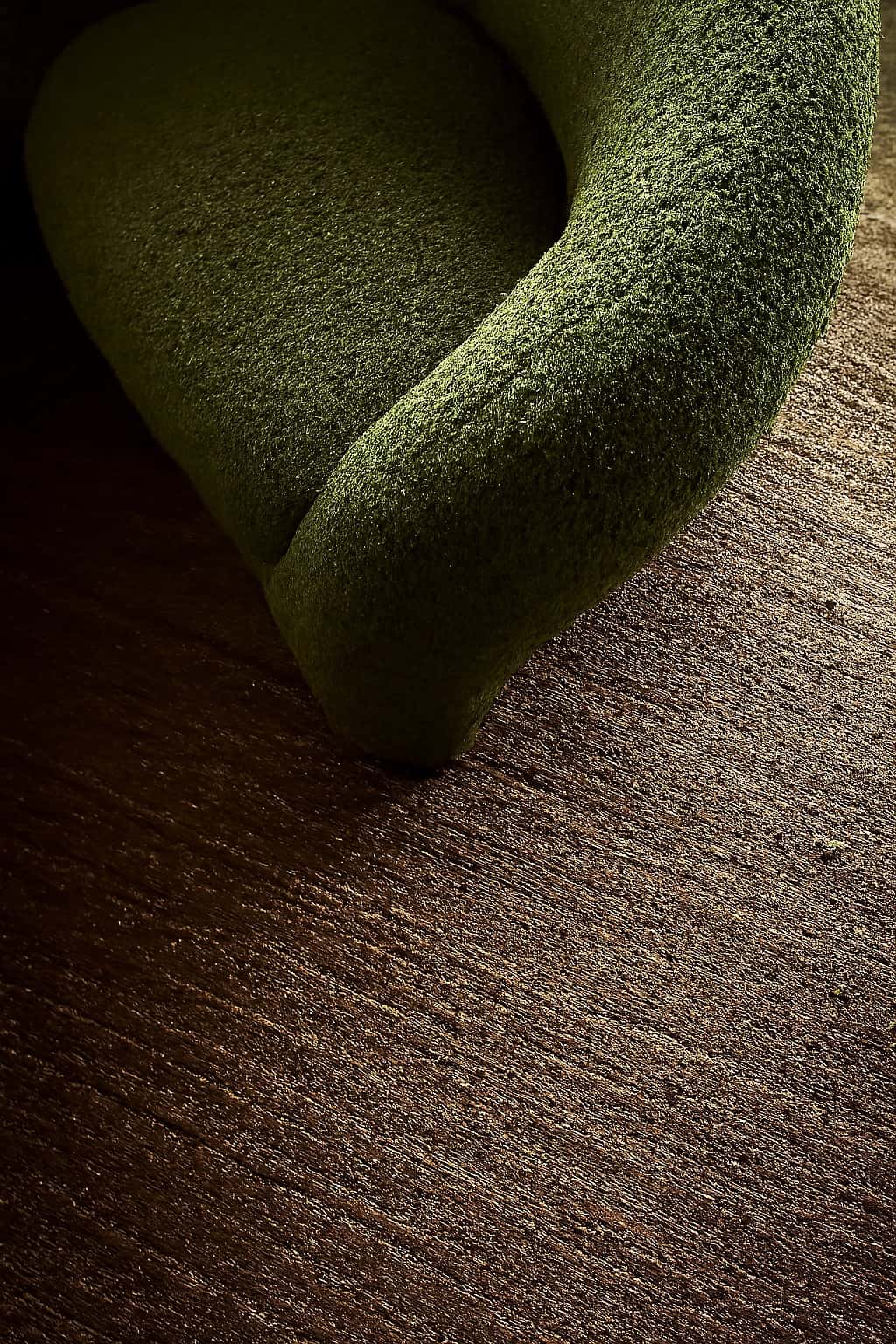 Modern Olive Green Bouclé Accent Chair – Sculptural Lounge Seating angle thumbnail 3