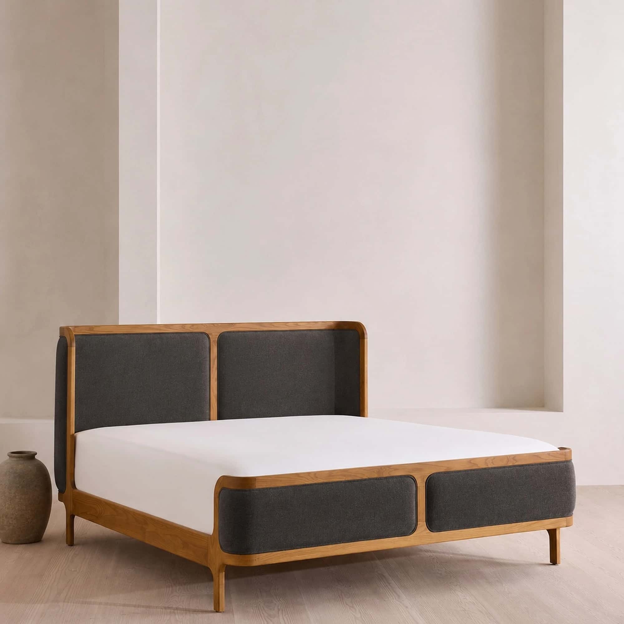 Alden Oak & Charcoal Upholstered Bed angle thumbnail 1