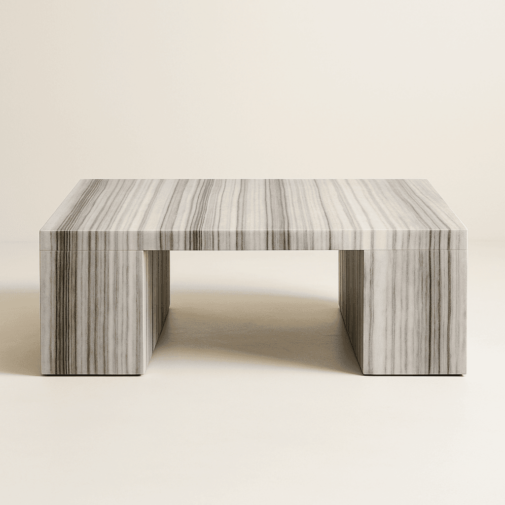 Grey 47" square table  , Modern Sculptural Oak Pedestal Dining Table – Fluted Wood Base, Round Contemporary Design - 1