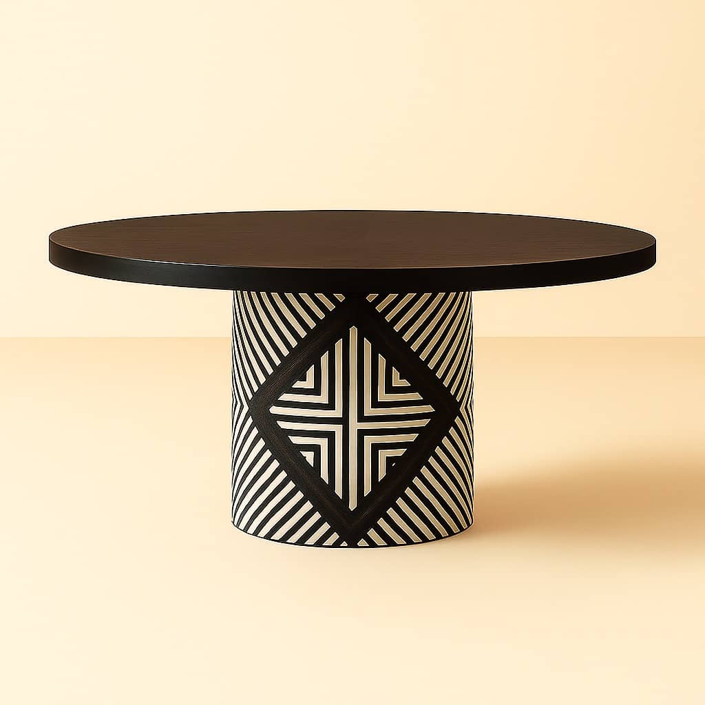 Modern Round Pedestal Dining Table – Black & White Bone Inlay Inspired Geometric Base – 6 Seater Luxury Table - 1