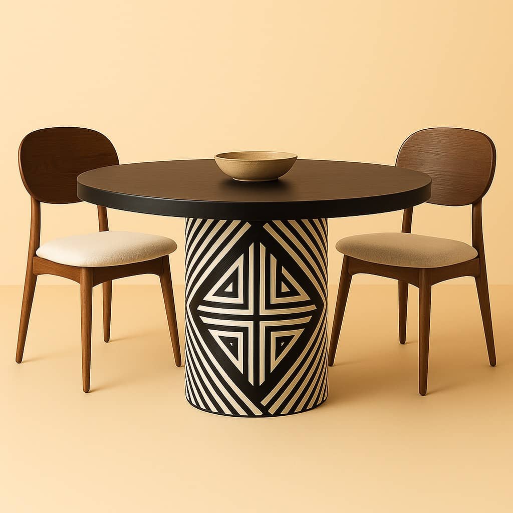 Modern Round Pedestal Dining Table – Black & White Bone Inlay Inspired Geometric Base – 6 Seater Luxury Table - 2