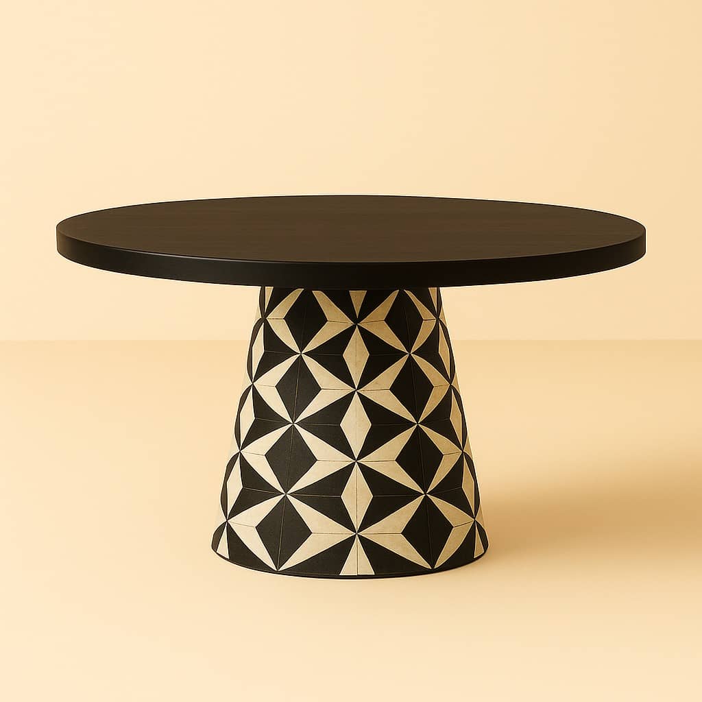 Round Pedestal Dining Table – Black Wood Top with Geometric Star Pattern Base – Modern 4 to 6 Seater Luxury Table - 1