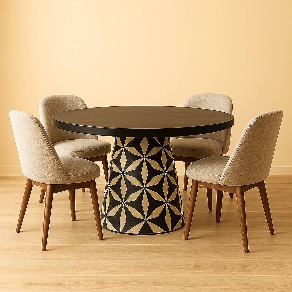 Round Pedestal Dining Table – Black Wood Top with Geometric Star Pattern Base – Modern 4 to 6 Seater Luxury Table - 4