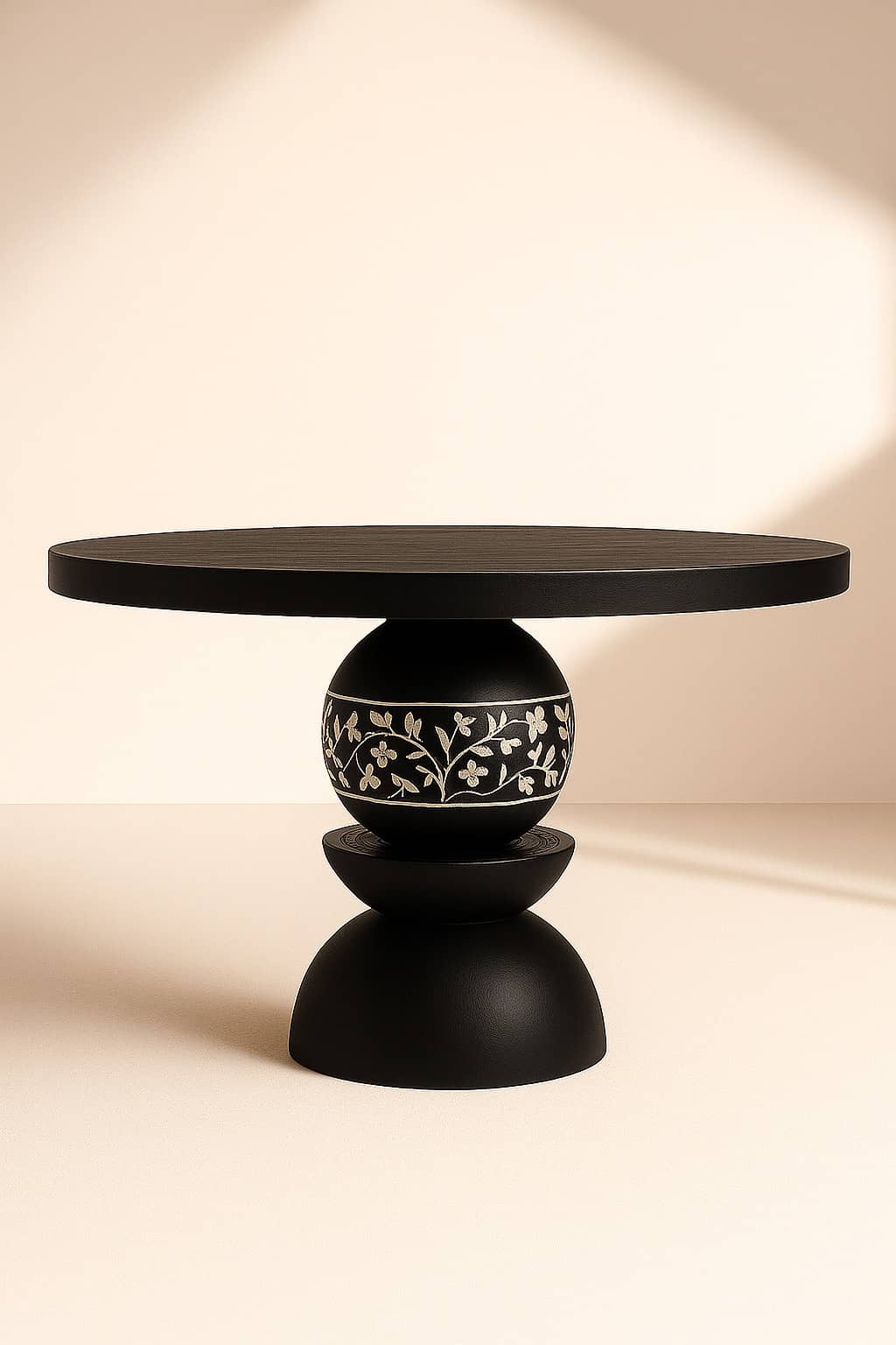 Bone Inlay Modern Black Pedestal Dining Table with Cane Detail –  Round Wood Table, Sculptural Base,  Furniture Black Round Dining Table - 1