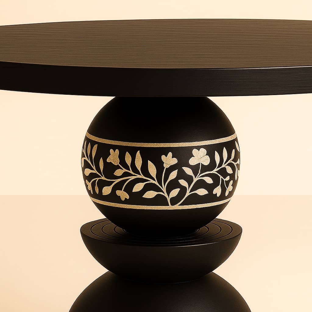 Bone Inlay Modern Black Pedestal Dining Table with Cane Detail –  Round Wood Table, Sculptural Base,  Furniture Black Round Dining Table - 2