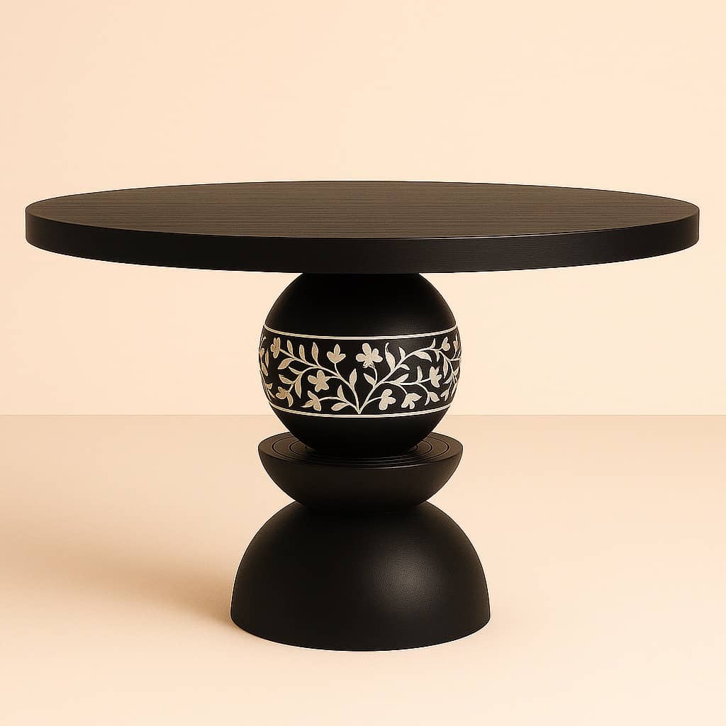 Bone Inlay Modern Black Pedestal Dining Table with Cane Detail –  Round Wood Table, Sculptural Base,  Furniture Black Round Dining Table - 3