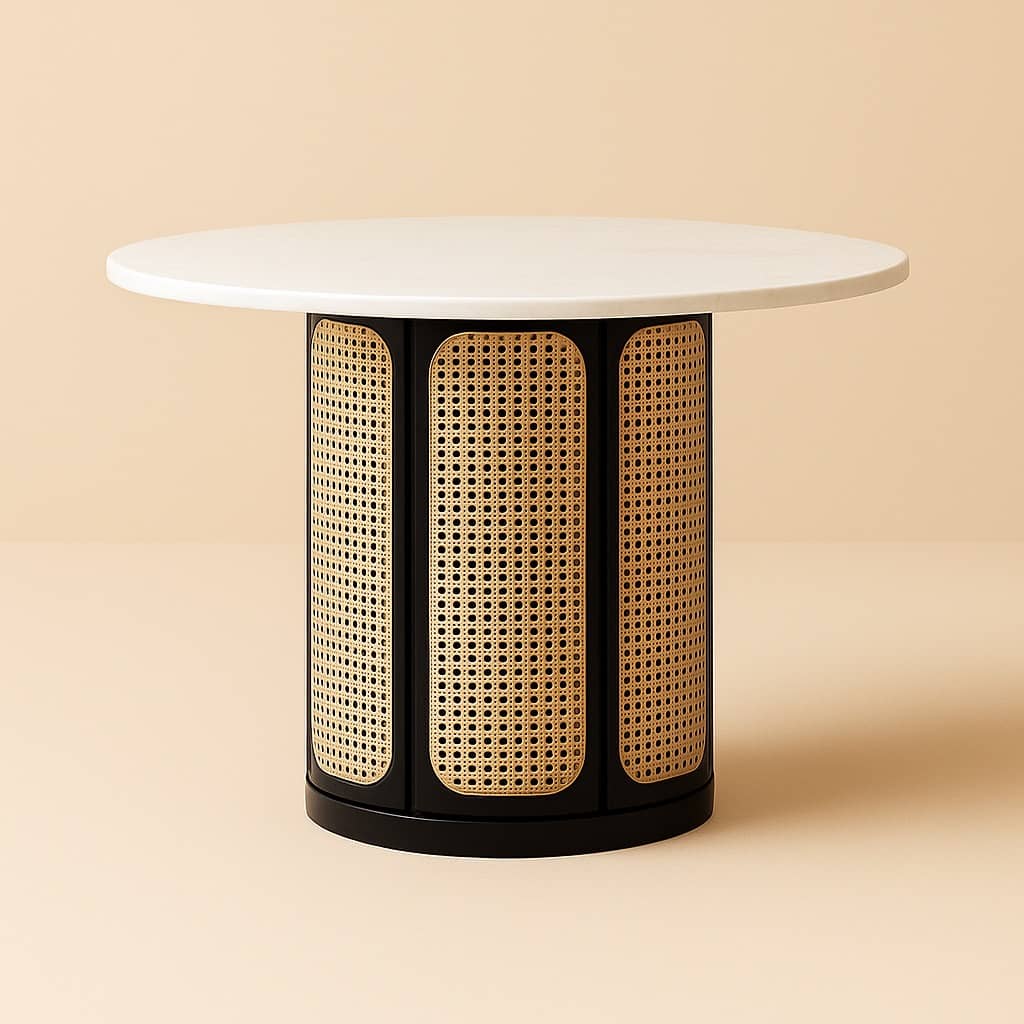 Marble and Cane Round Dining Table – 47” Modern Handmade Table with Black Wood Base for Kitchen or Dining Room | Round dining table - 1