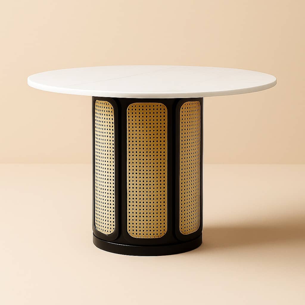 Marble and Cane Round Dining Table – 47” Modern Handmade Table with Black Wood Base for Kitchen or Dining Room | Round dining table - 4