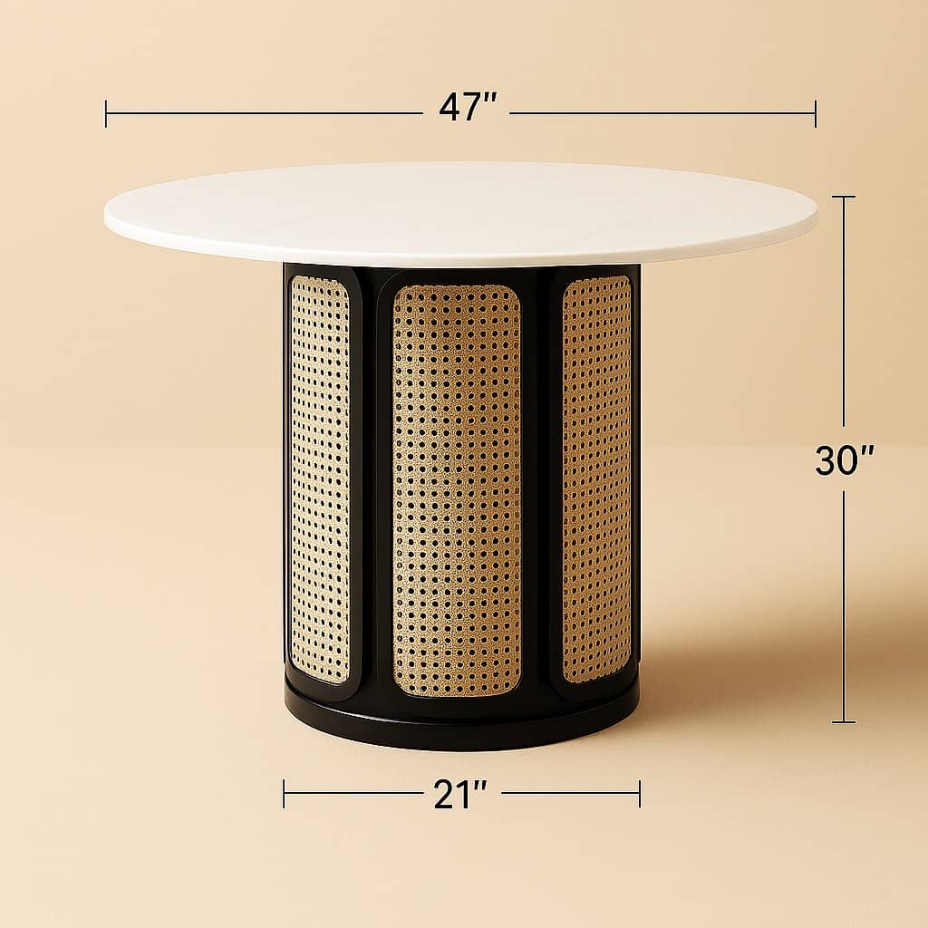 Marble and Cane Round Dining Table – 47” Modern Handmade Table with Black Wood Base for Kitchen or Dining Room | Round dining table - 5