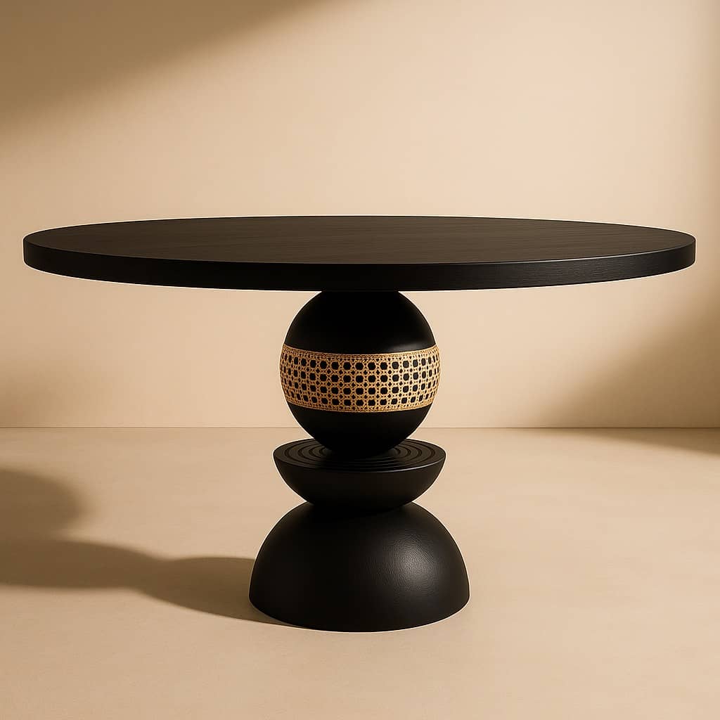 Modern Black Pedestal Dining Table with Cane Detail – 47" Round Wood Table, Sculptural Base, Handmade Furniture Black Round Dining Table - 1