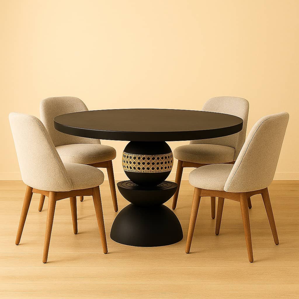 Modern Black Pedestal Dining Table with Cane Detail – 47" Round Wood Table, Sculptural Base, Handmade Furniture Black Round Dining Table - 3