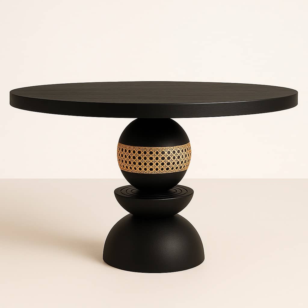 Modern Black Pedestal Dining Table with Cane Detail – 47" Round Wood Table, Sculptural Base, Handmade Furniture Black Round Dining Table - 4