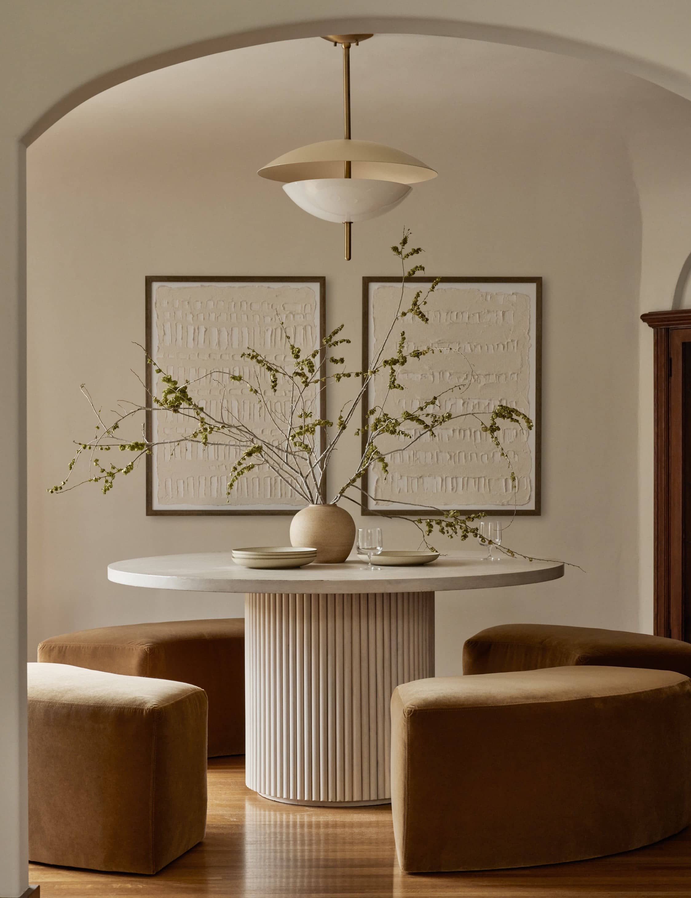 Graze Round Pedestal Dining Table - Fluted  Base, Minimal Modern Design in Warm Beige Finish - white washed dining table round dining table - 2