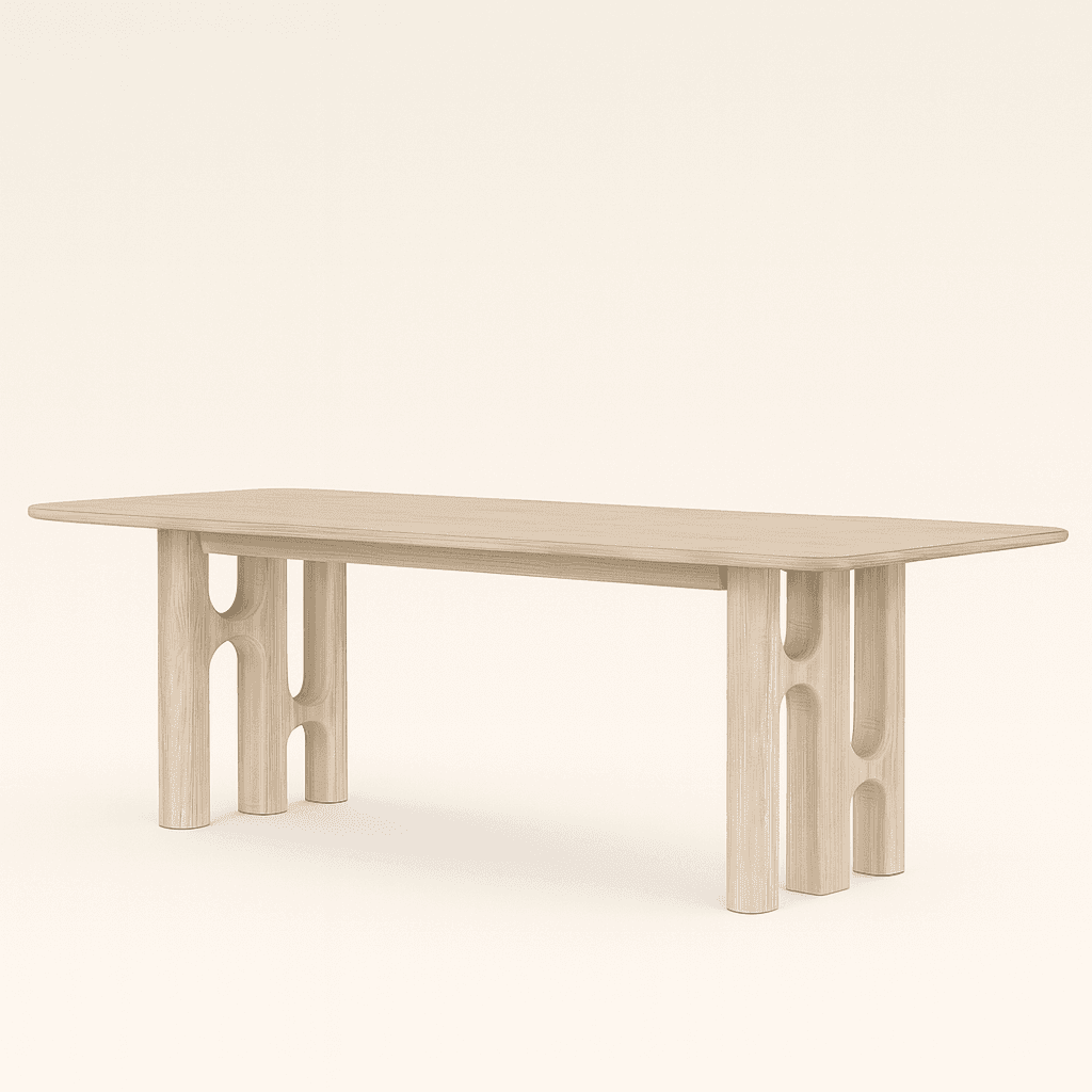 Bron Modern Dining Table – Sculptural Base in Whitewashed Solid Wood - 1