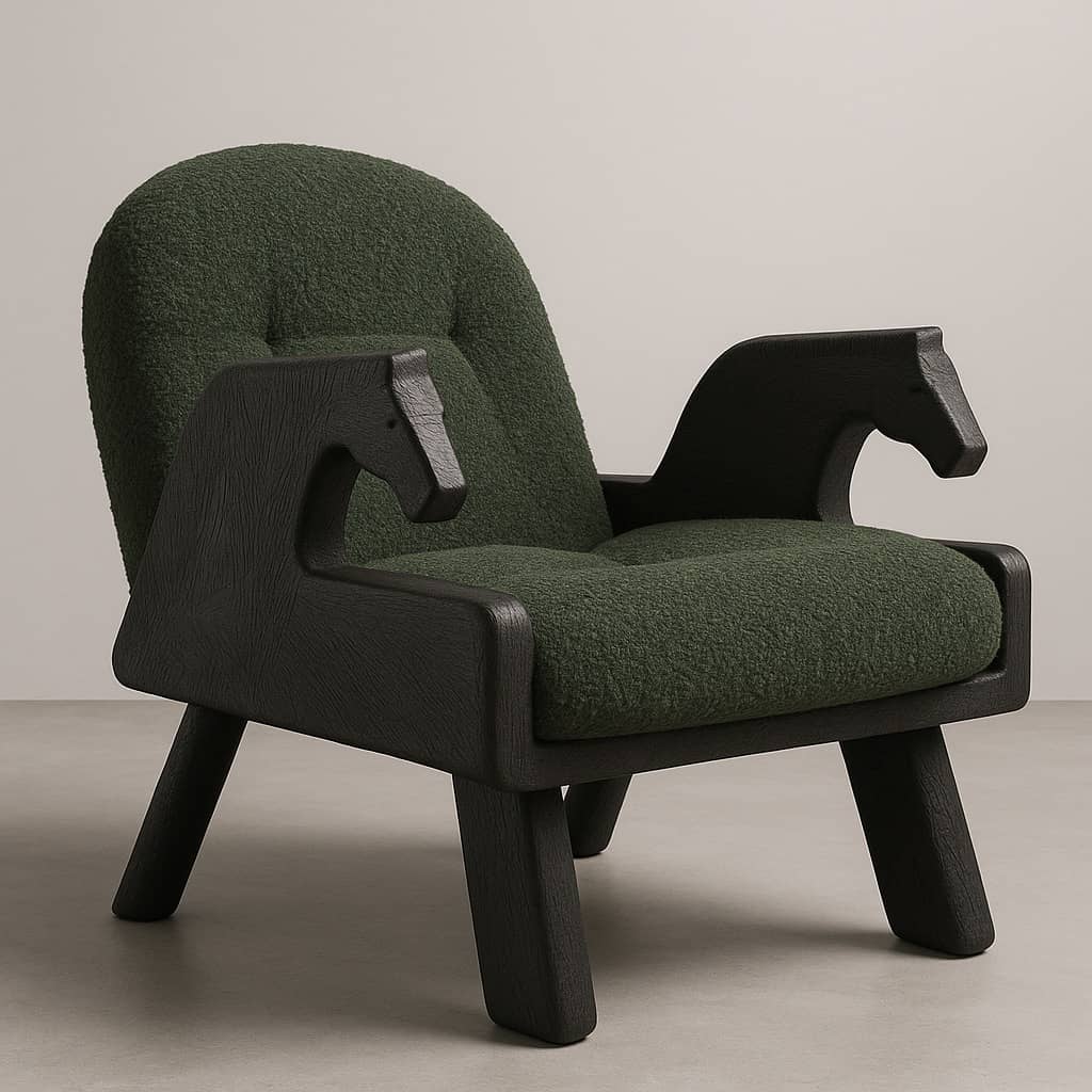 Modern Designer Armchair with Horse Head Arms and Green Bouclé Fabric - 1