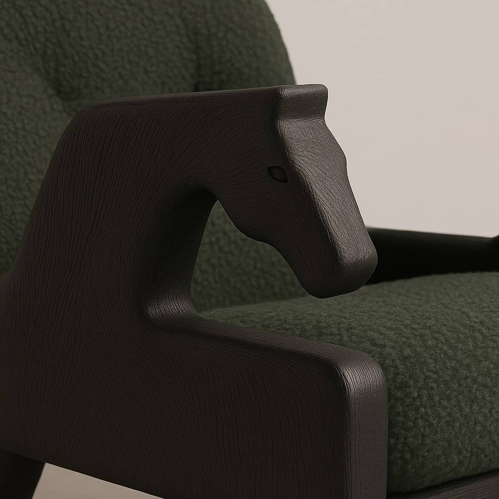 Modern Designer Armchair with Horse Head Arms and Green Bouclé Fabric - 3