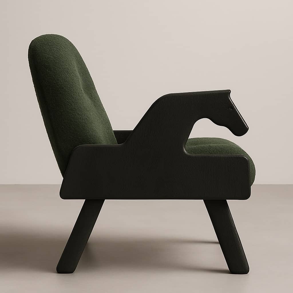 Modern Designer Armchair with Horse Head Arms and Green Bouclé Fabric - 5