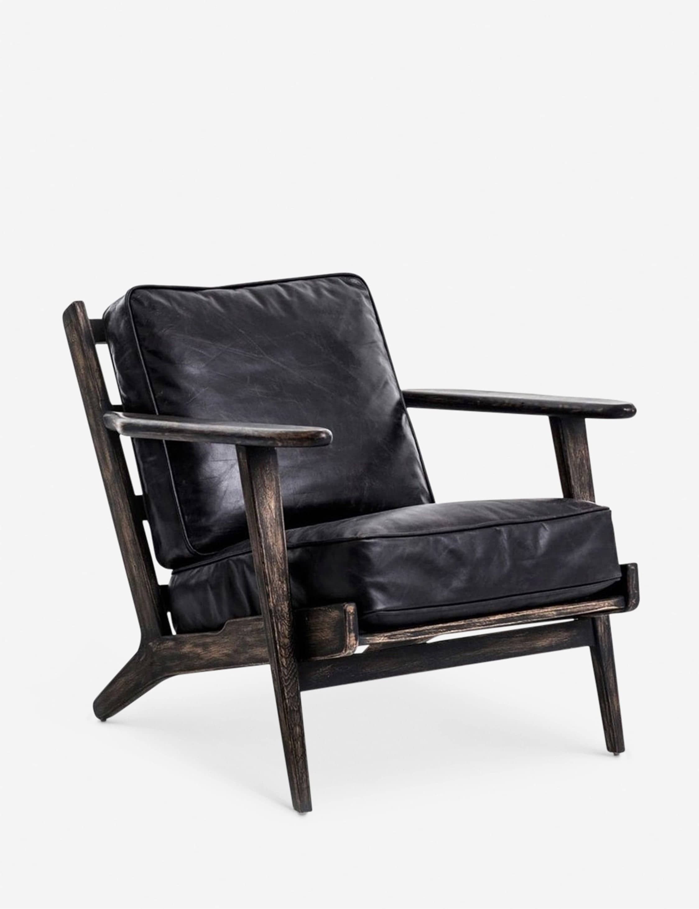Modern Black Leather Lounge Chair with Rustic Wood Frame – Stylish, Comfortable Accent Piece - 1