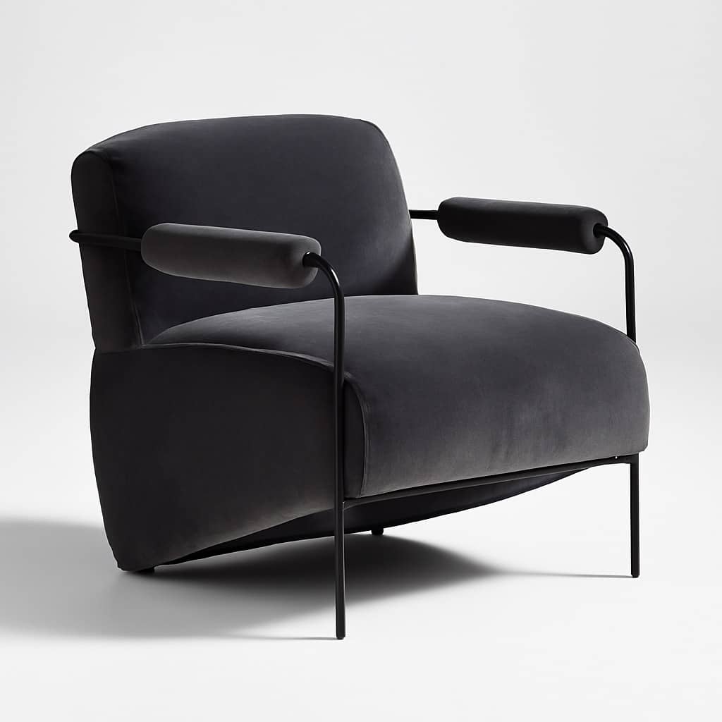 Modern Black Velvet Lounge Chair with Sculptural Metal Arms - 1