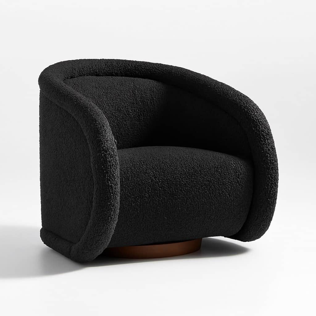 Modern Black Bouclé Swivel Lounge Chair – Curved Arm Contemporary Accent Chair - 1