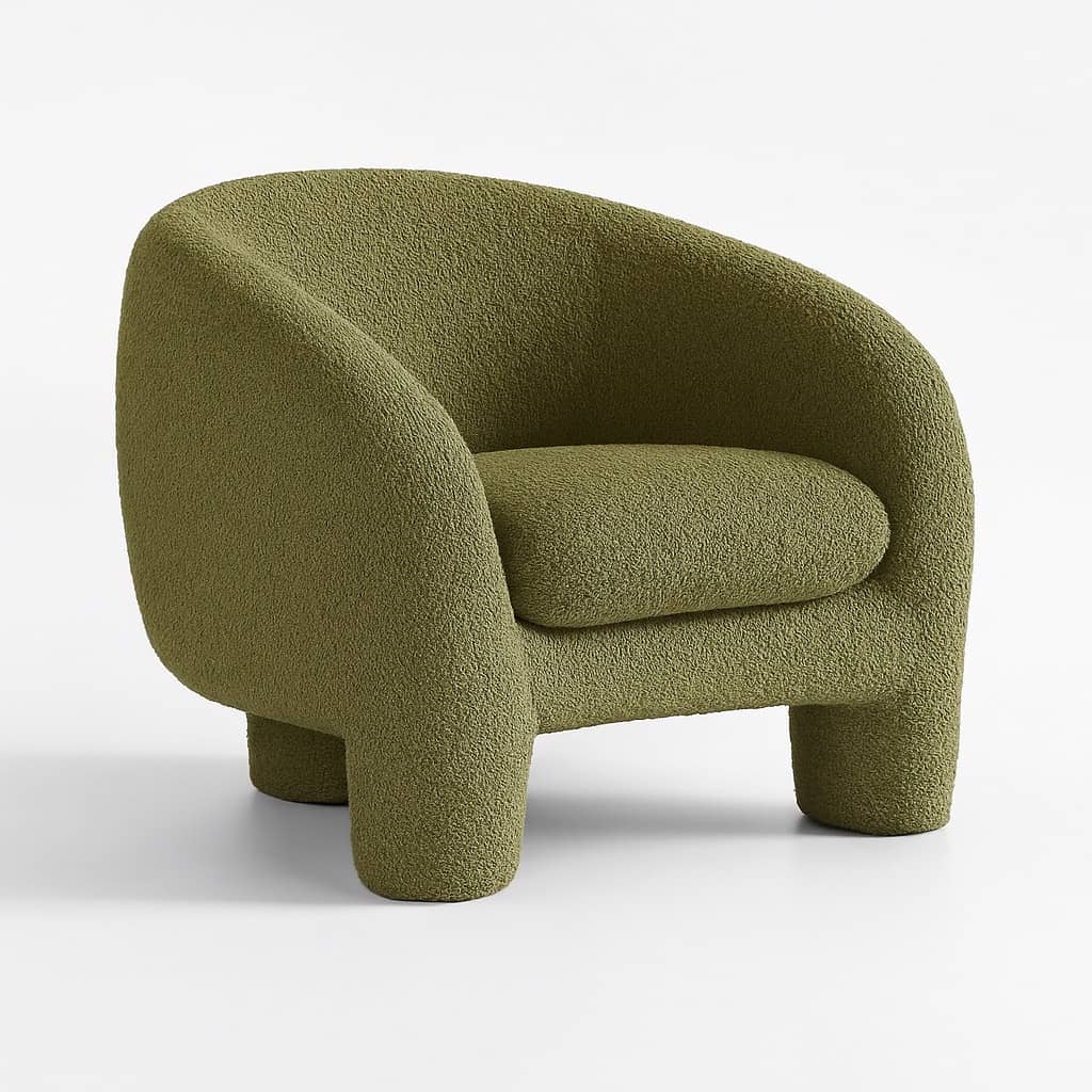 Modern Olive Green Bouclé Accent Chair – Sculptural Lounge Seating - 1