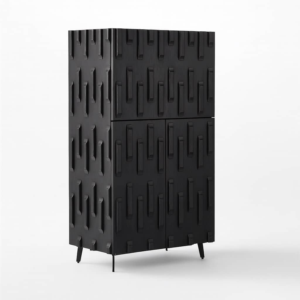 Sculpted Matte Teak Wood Black Bar Cabinet - 1