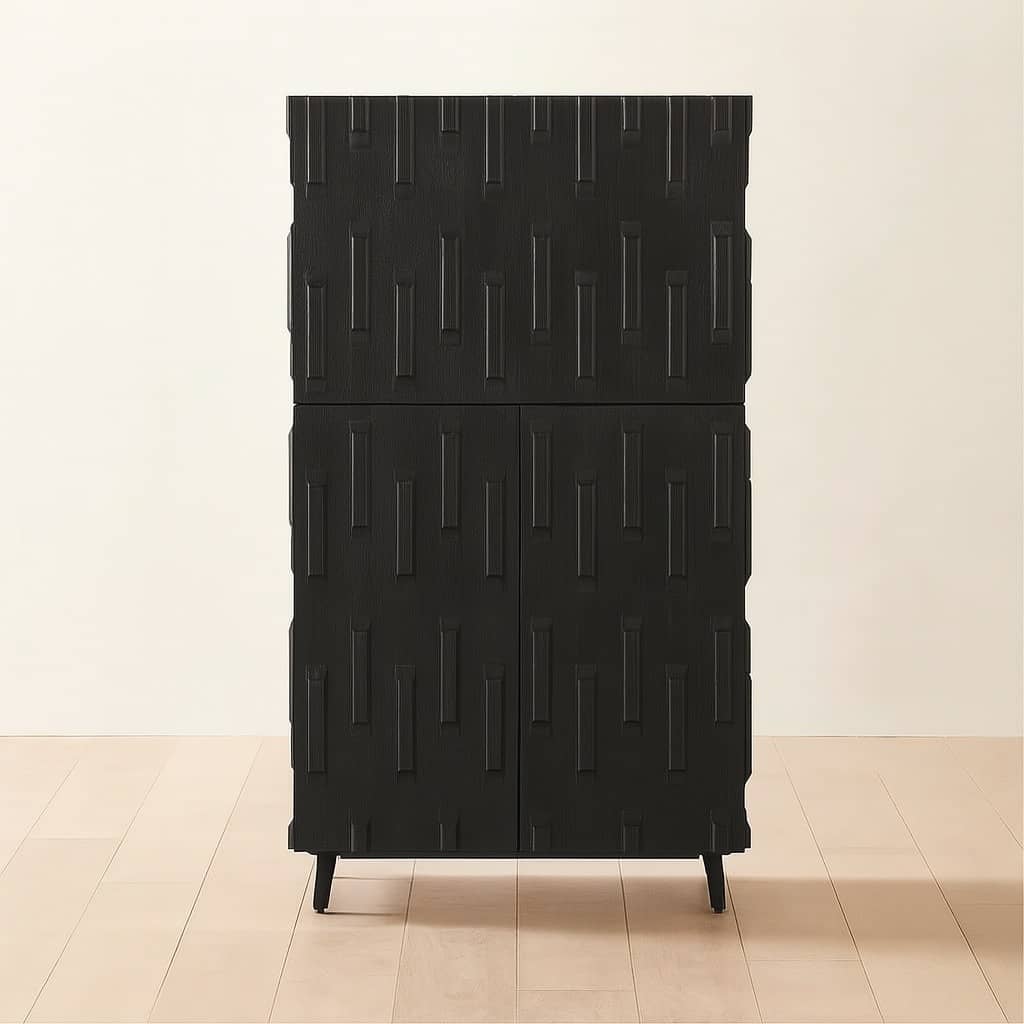 Sculpted Matte Teak Wood Black Bar Cabinet - 2