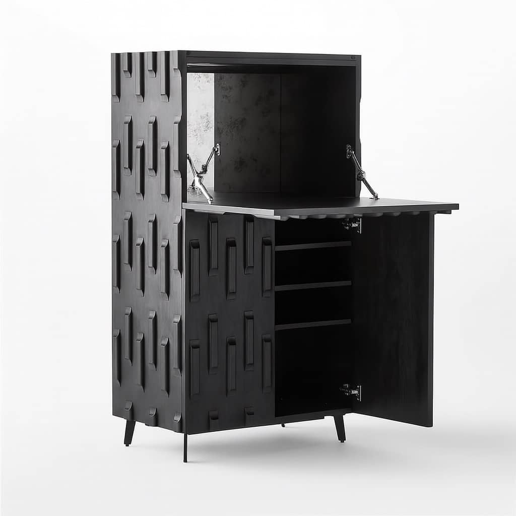 Sculpted Matte Teak Wood Black Bar Cabinet - 3