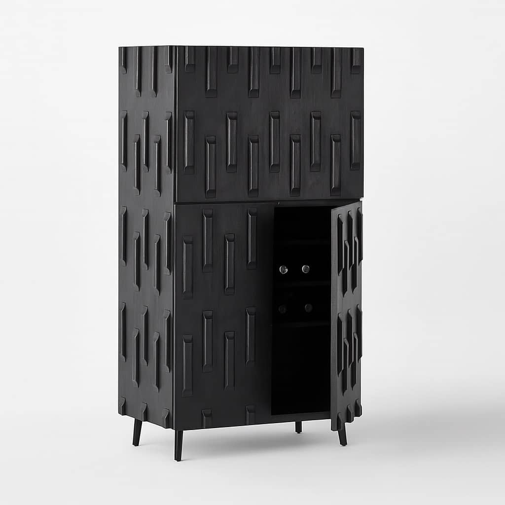 Sculpted Matte Teak Wood Black Bar Cabinet - 4