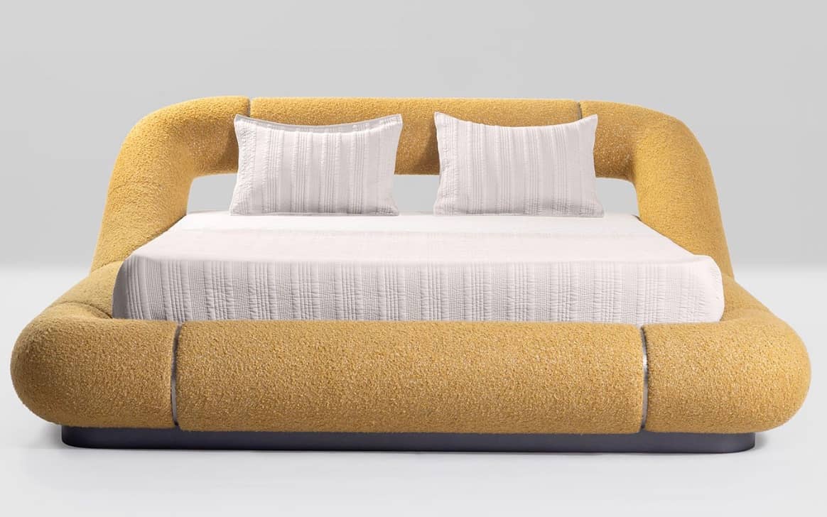 Boulder Curve Bed – Modern Sculptural Upholstered Bed in Mustard Bouclé - 2
