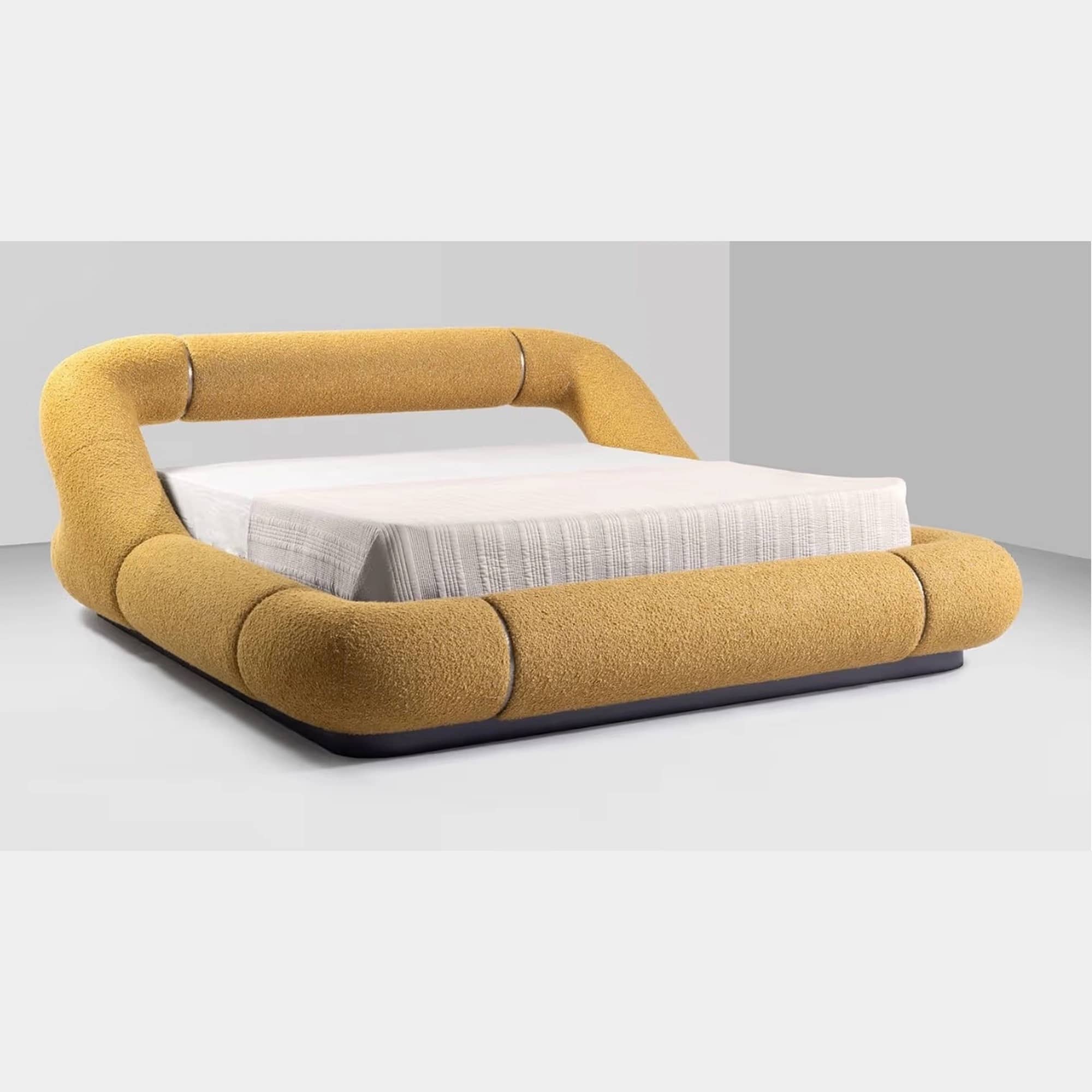 Boulder Curve Bed – Modern Sculptural Upholstered Bed in Mustard Bouclé - 1