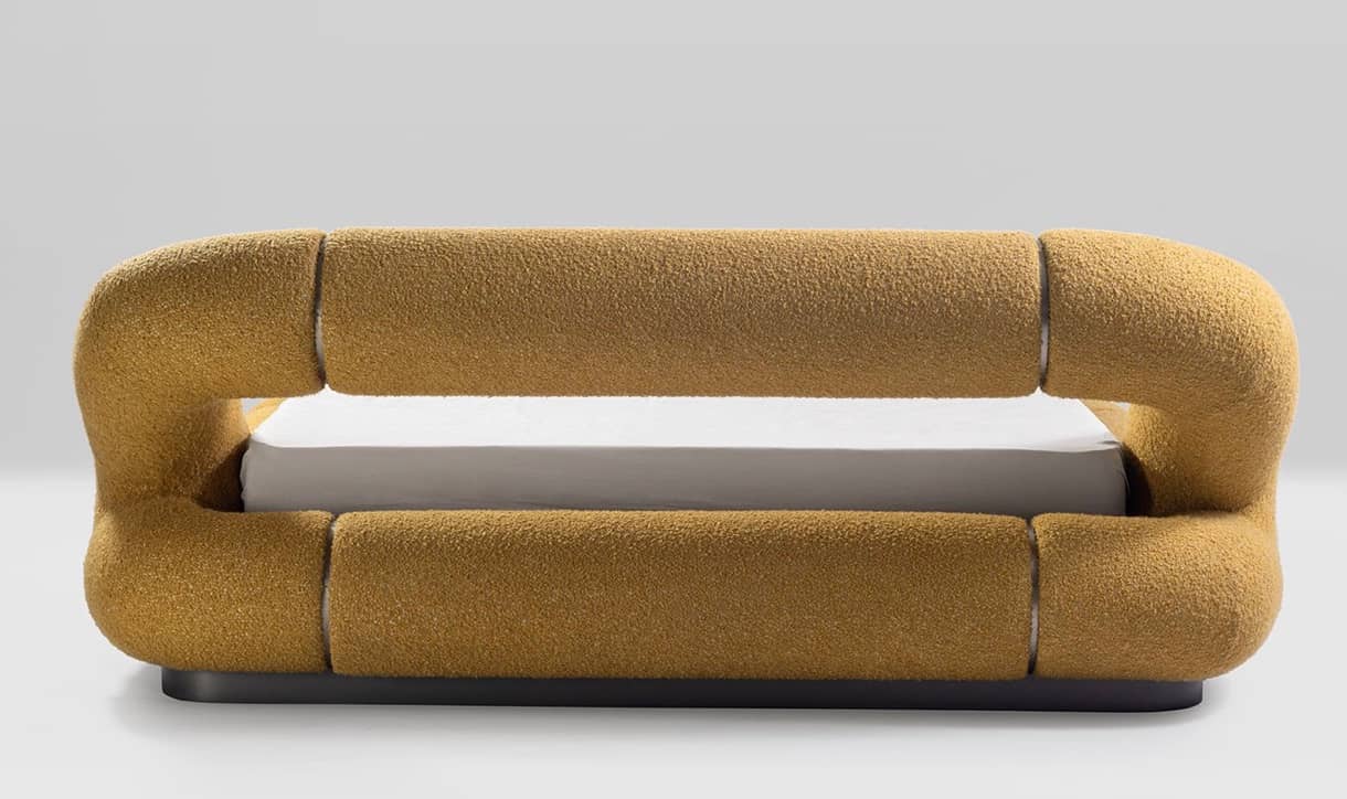 Boulder Curve Bed – Modern Sculptural Upholstered Bed in Mustard Bouclé - 3