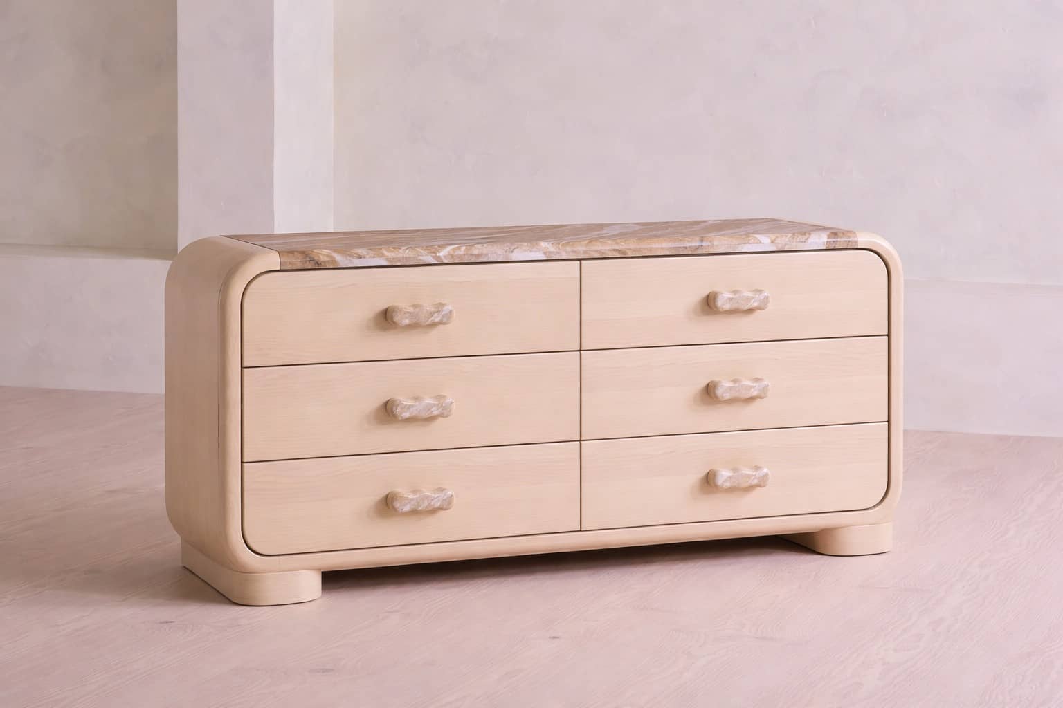 Rounded Edge Oak Dresser with Marble Top – 6 Drawer Modern Sideboard - 2