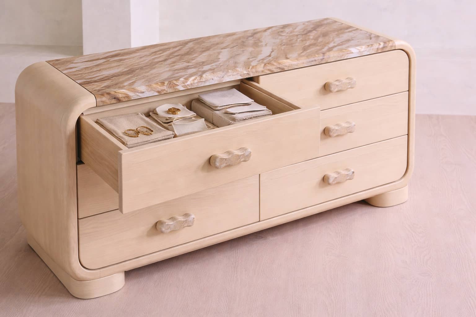Rounded Edge Oak Dresser with Marble Top – 6 Drawer Modern Sideboard - 3