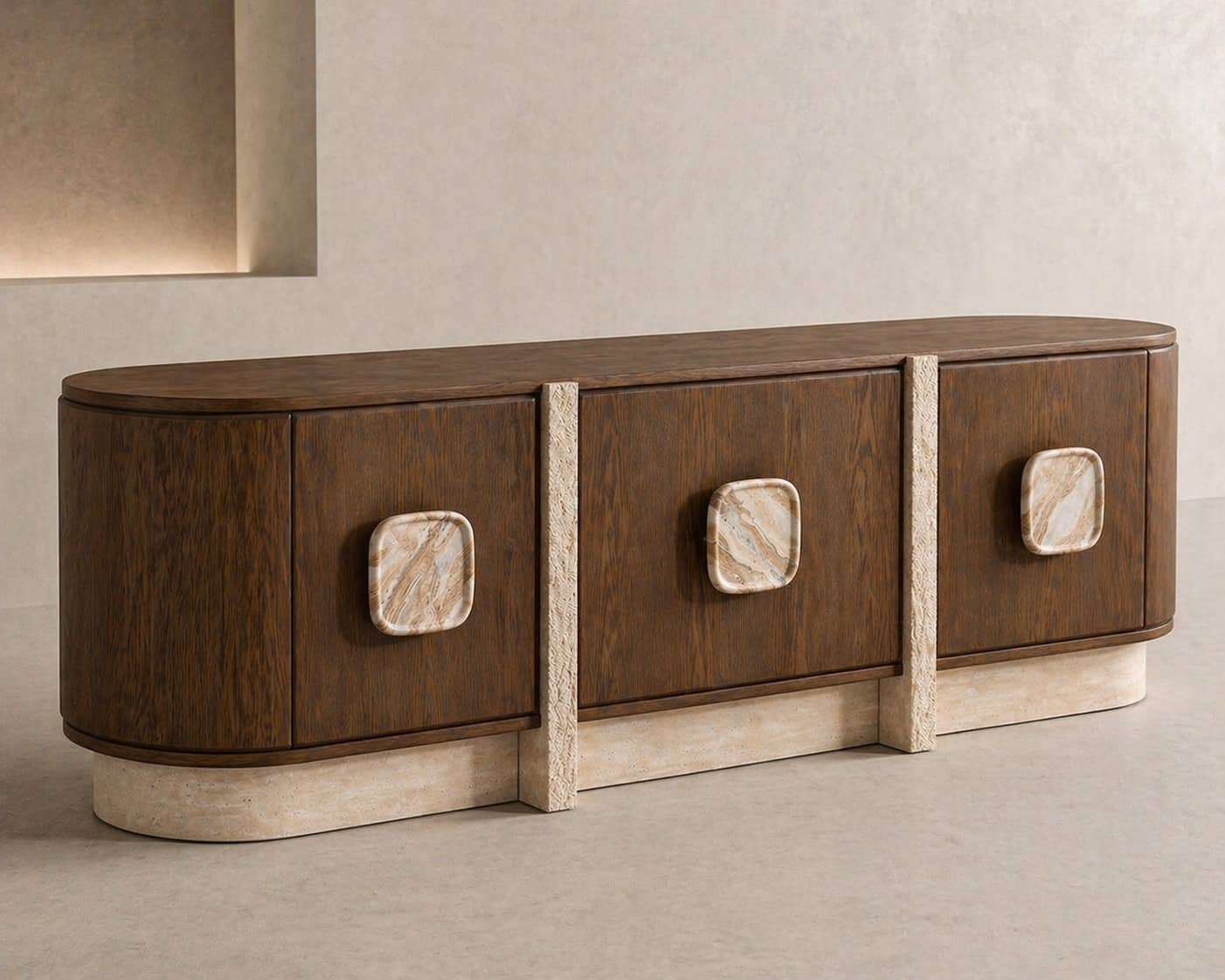 Modern Curved Wooden Sideboard with Travertine Base & Stone Handles - 1