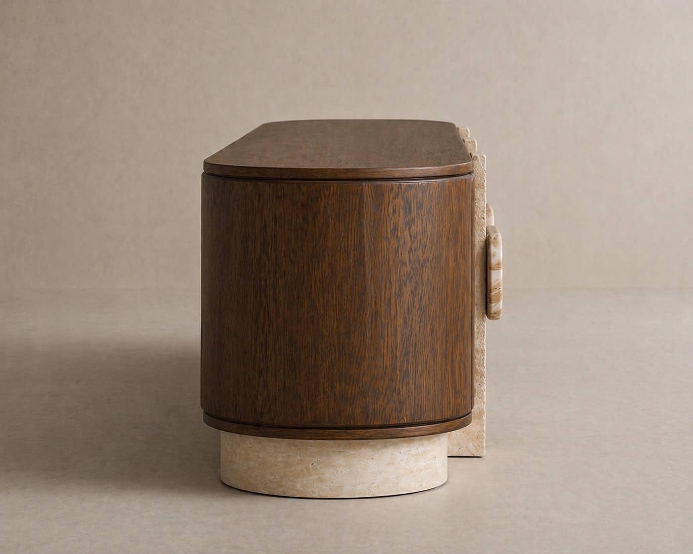 Modern Curved Wooden Sideboard with Travertine Base & Stone Handles - 2