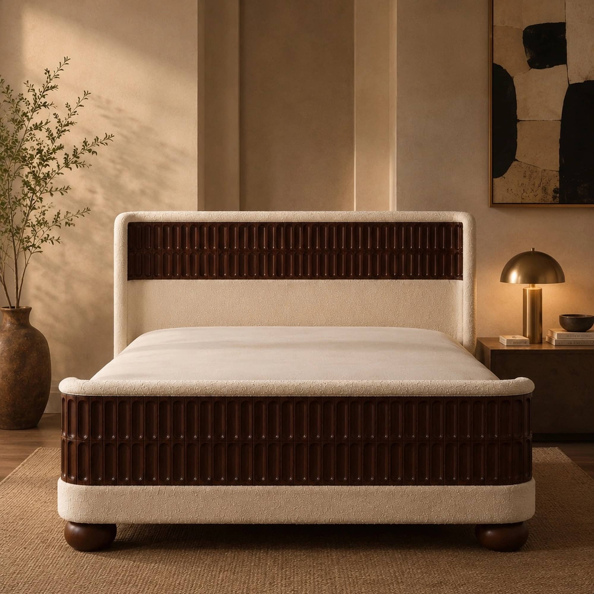Aurelia Carved Walnut Bouclé Bed - 1