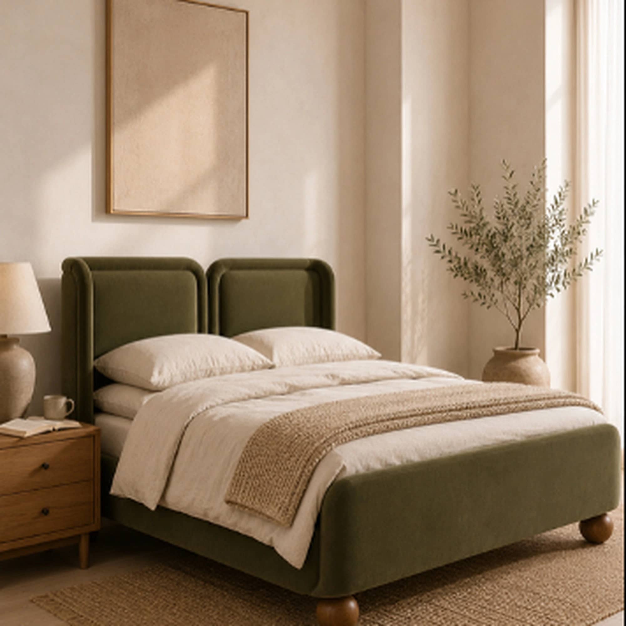 Elara Olive Velvet Upholstered Bed - 3