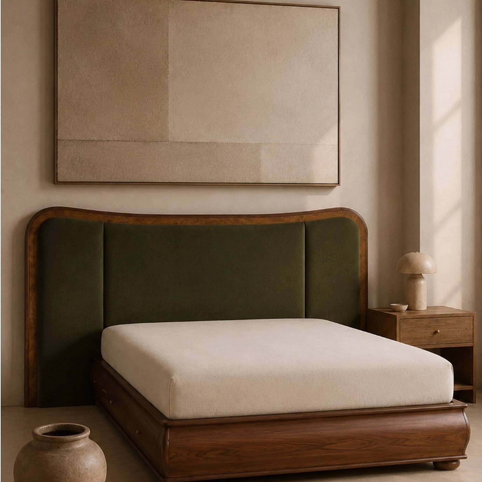 Khwaab Olive Wood & Channel-Tufted Velvet Bed | Curved Bombé Platform with Storage - 1