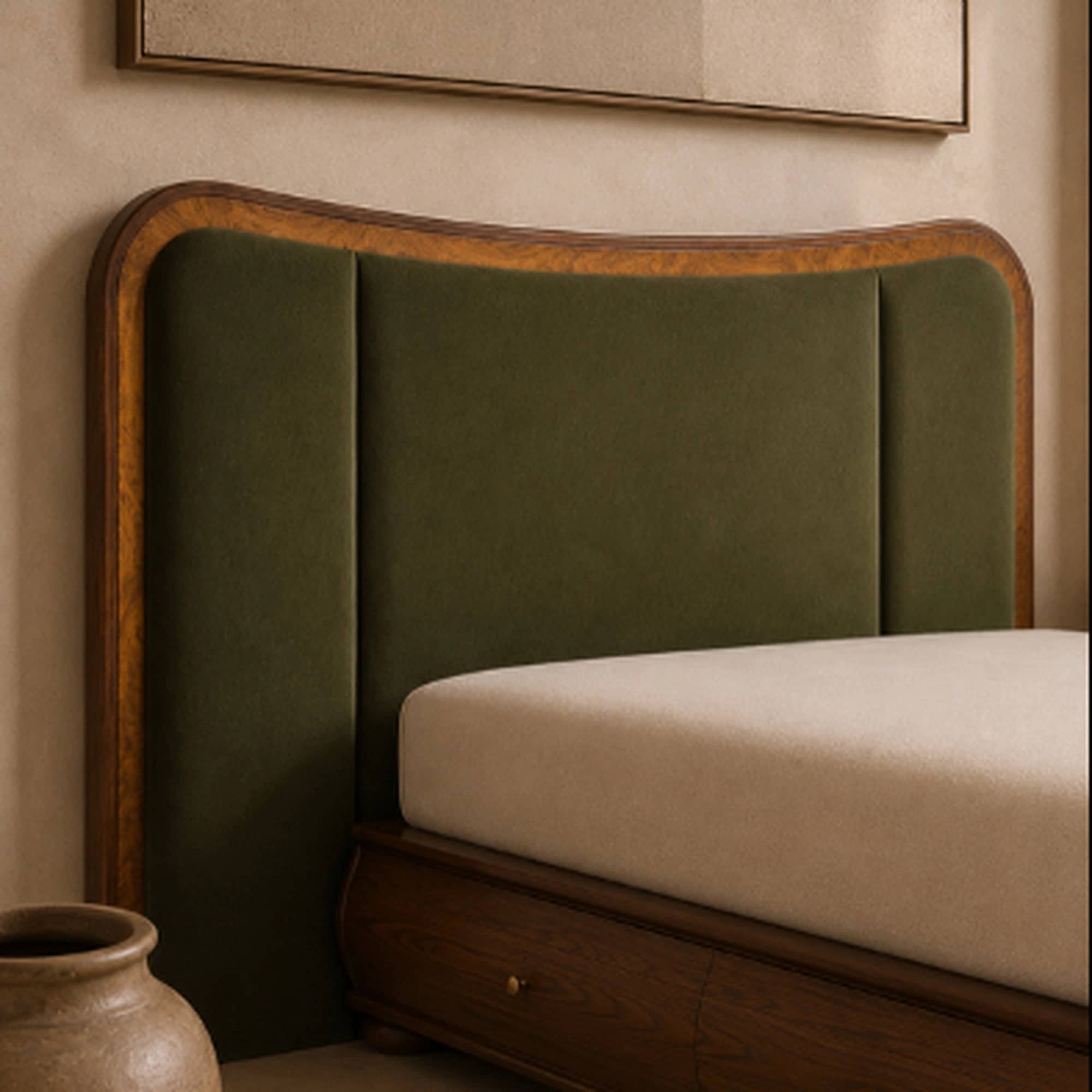 Khwaab Olive Wood & Channel-Tufted Velvet Bed | Curved Bombé Platform with Storage - 2