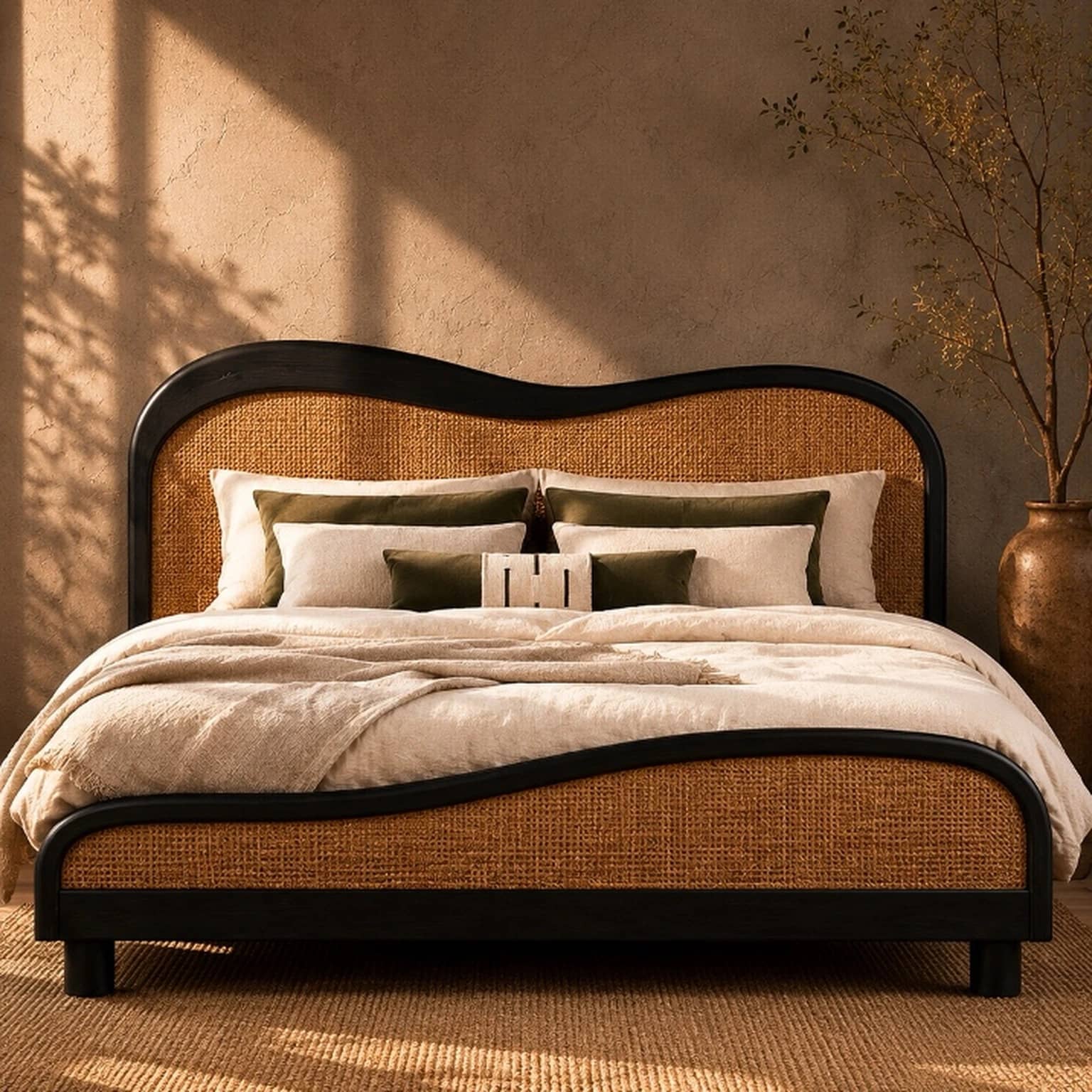 Lehar Ebonized Ash & Hand-Caned Bed | Wave-Profile Headboard with Caned Footboard - 1