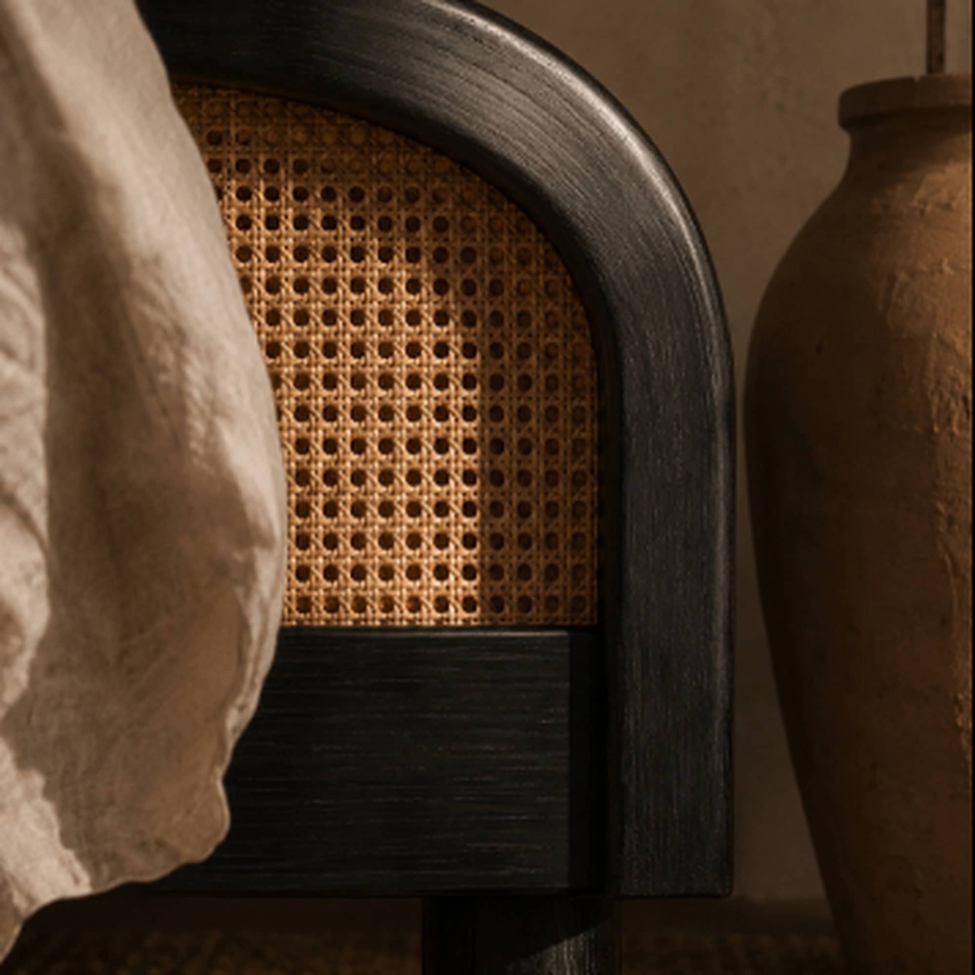 Lehar Ebonized Ash & Hand-Caned Bed | Wave-Profile Headboard with Caned Footboard - 2